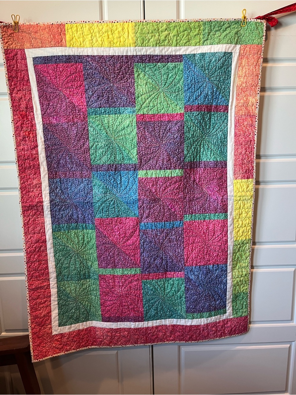 Handmade Quilt in rectangular block pattern in gorgeous jewel tones-Throw Size
